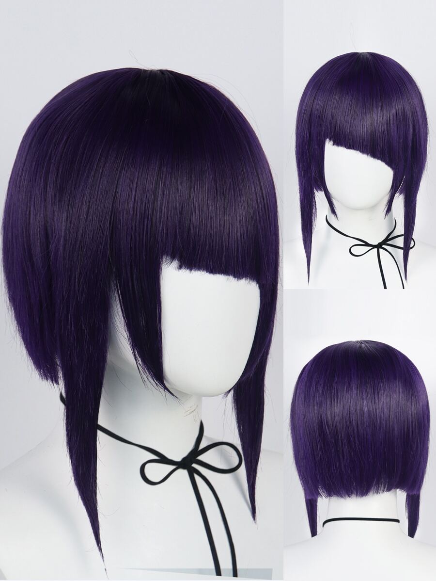12吋合成纖維短款紫色直髮鬆緊度可調整玉額短髮女性角色扮演假髮,適宜於化妝派對萬聖節裝扮皆可使用,無需使用膠水易於安裝,抗高溫熱阻能力強,柔軟順滑髮絲質感高逼真度高,觀感自然逼真,適合做為假髮禮物,另附1個假髮帽