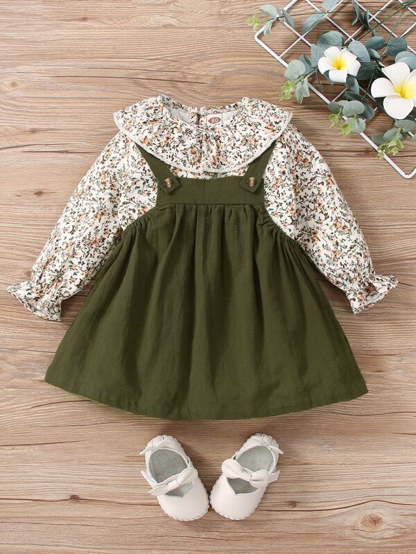 Baby Suspender Skirt & Plant Print Flounce Sleeve Top SHEIN USA