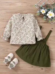 SHEIN Vintaside Kids Baby Girl Suspender Skirt & Plant Print Flounce Sleeve Top - Multicolor - View 2
