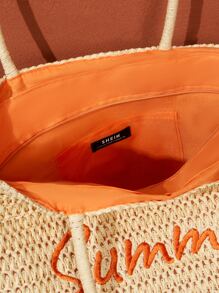 SHEIN VCAY Large Capacity Letter Graphic Straw Bag,Woven Bag,Perfect For Summer Beach Travel Vacation,For Outdoor,Holiday,Picnic, Summer Essentials, Perfect For Vacation & HolidaySchool Bag,School Handbag,Large Capacity,Portable,Classic Casual, Suitable For Teen Girls Women College Students, Perfect For Back To School,Holiday,Work , Business, Commute