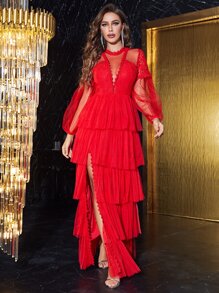 YISIKADO Đầm Tương phản ren Viên lá sen cắt phân lớp Dây kéo Tách cao Chấm bi Hấp dẫn - Đỏ - Xem 1