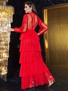 YISIKADO Đầm Tương phản ren Viên lá sen cắt phân lớp Dây kéo Tách cao Chấm bi Hấp dẫn - Đỏ - Xem 2