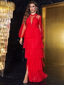 YISIKADO Đầm Tương phản ren Viên lá sen cắt phân lớp Dây kéo Tách cao Chấm bi Hấp dẫn - Đỏ - Xem 4