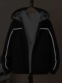 Niños 1 pieza Cazadora en contraste reflectante con capucha - Negro - Ver 3