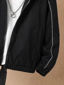 Niños 1 pieza Cazadora en contraste reflectante con capucha - Negro - Ver 5