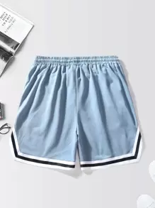 Aesthetic Post Nam Lá thư In Quần short Với Viền tương phản Chi tiết Và Eo dây rút - Màu xanh bụi bặm - Xem 2