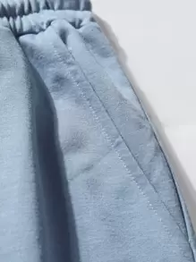 Aesthetic Post Nam Lá thư In Quần short Với Viền tương phản Chi tiết Và Eo dây rút - Màu xanh bụi bặm - Xem 4