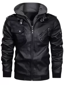 Manfinity LEGND 1pc Loose Fit Men's Zip Up Hooded Pu Leather Jacket, Motorcycle Jacket, Long Sleeve, Going Out, Punk Rock, Boyfriend Gift, Color Block , Fall Winter - Black - View 3