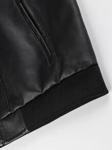 Manfinity LEGND 1pc Loose Fit Men's Zip Up Hooded Pu Leather Jacket, Motorcycle Jacket, Long Sleeve, Going Out, Punk Rock, Boyfriend Gift, Color Block , Fall Winter - Black - View 5