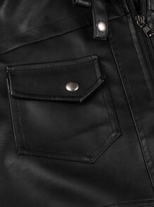 Manfinity LEGND 1pc Loose Fit Men's Zip Up Hooded Pu Leather Jacket, Motorcycle Jacket, Long Sleeve, Going Out, Punk Rock, Boyfriend Gift, Color Block , Fall Winter - Black - View 7