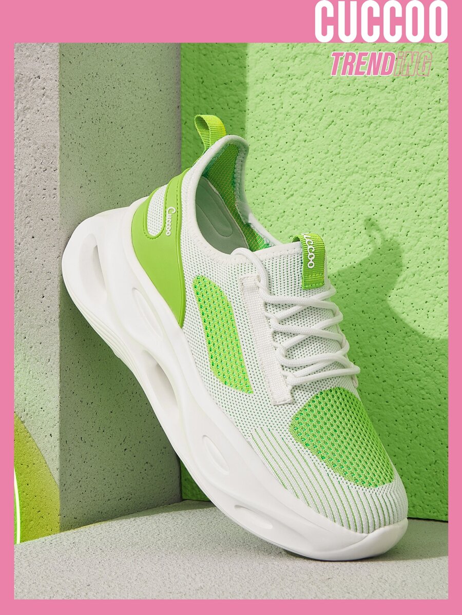 CUCCOO BASICS Colorblock Lace Up Front Hollow Out Chunky Sneakers - Lime Green - View 1