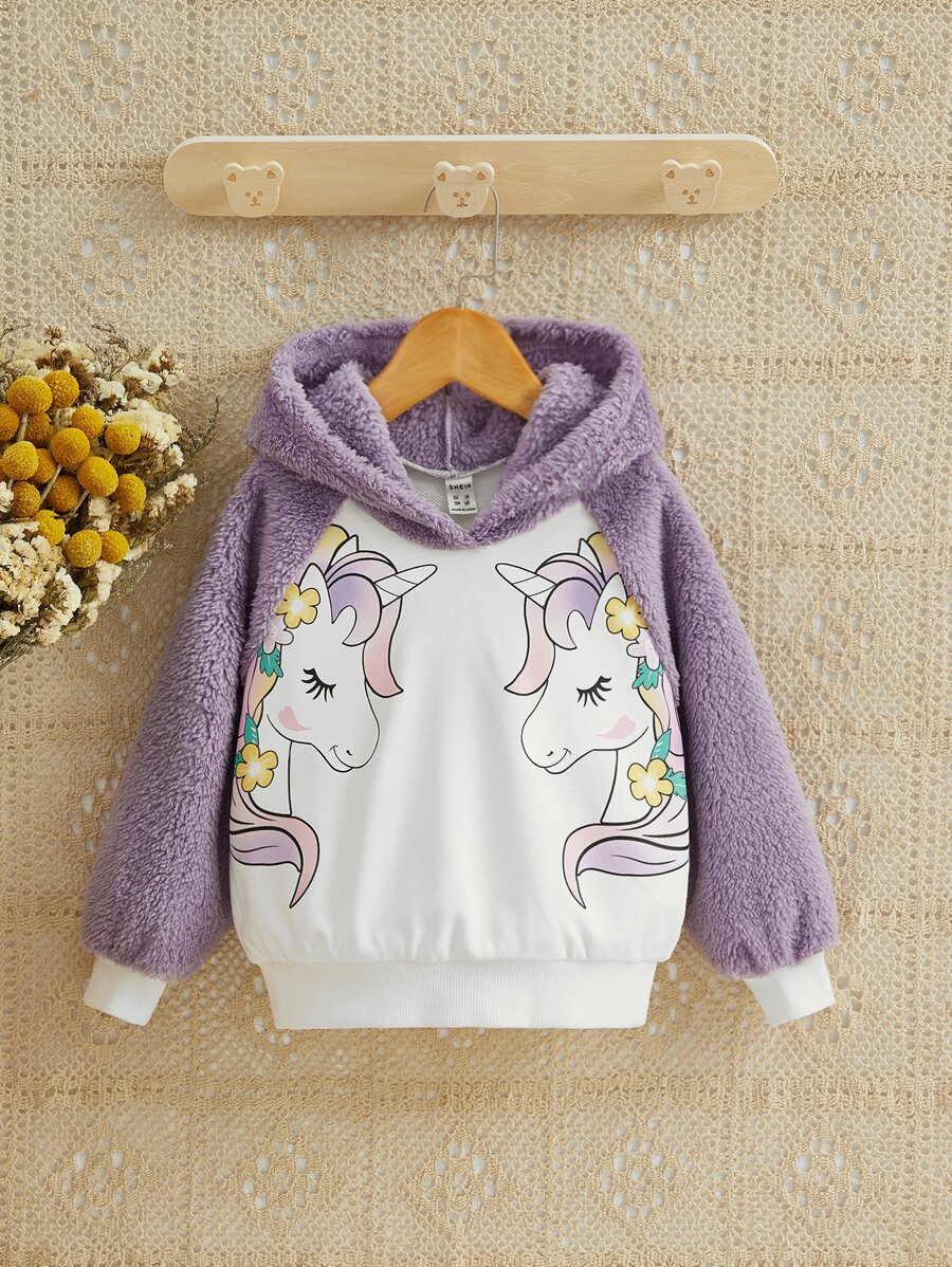 SHEIN Áo nỉ hai màu tay raglan in hình kỳ lân dành cho bé gái - Nhiều màu - Xem 1