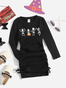 SHEIN Toddler Girls Skeleton Print Ruched Knot Side Dress - Black - View 1