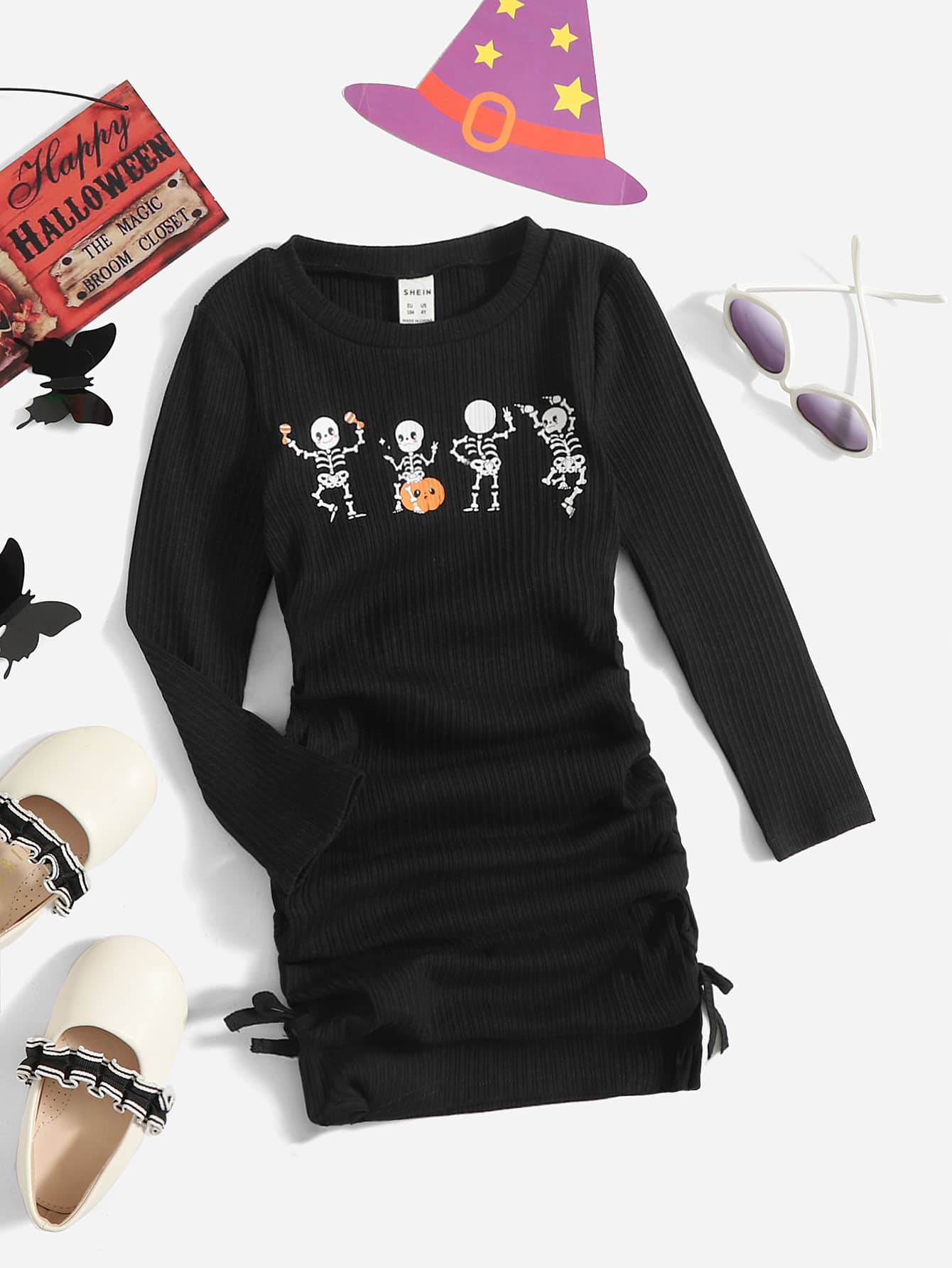 SHEIN Toddler Girls Skeleton Print Ruched Knot Side Dress - Black - View 1