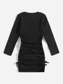 SHEIN Toddler Girls Skeleton Print Ruched Knot Side Dress - Black - View 2