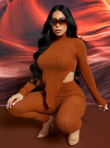 SHEIN SXY Solid Rib-knit Asymmetrical Hem Tee and Leggings Set - Brown - View 1