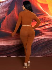 SHEIN SXY Solid Rib-knit Asymmetrical Hem Tee and Leggings Set - Brown - View 2