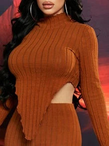 SHEIN SXY Solid Rib-knit Asymmetrical Hem Tee and Leggings Set - Brown - View 3