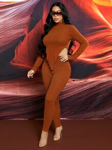 SHEIN SXY Solid Rib-knit Asymmetrical Hem Tee and Leggings Set - Brown - View 4