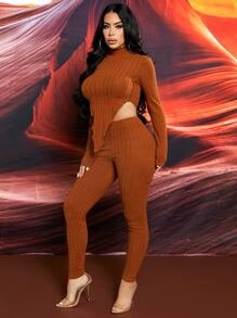 SHEIN SXY Solid Rib-knit Asymmetrical Hem Tee and Leggings Set - Brown - View 5