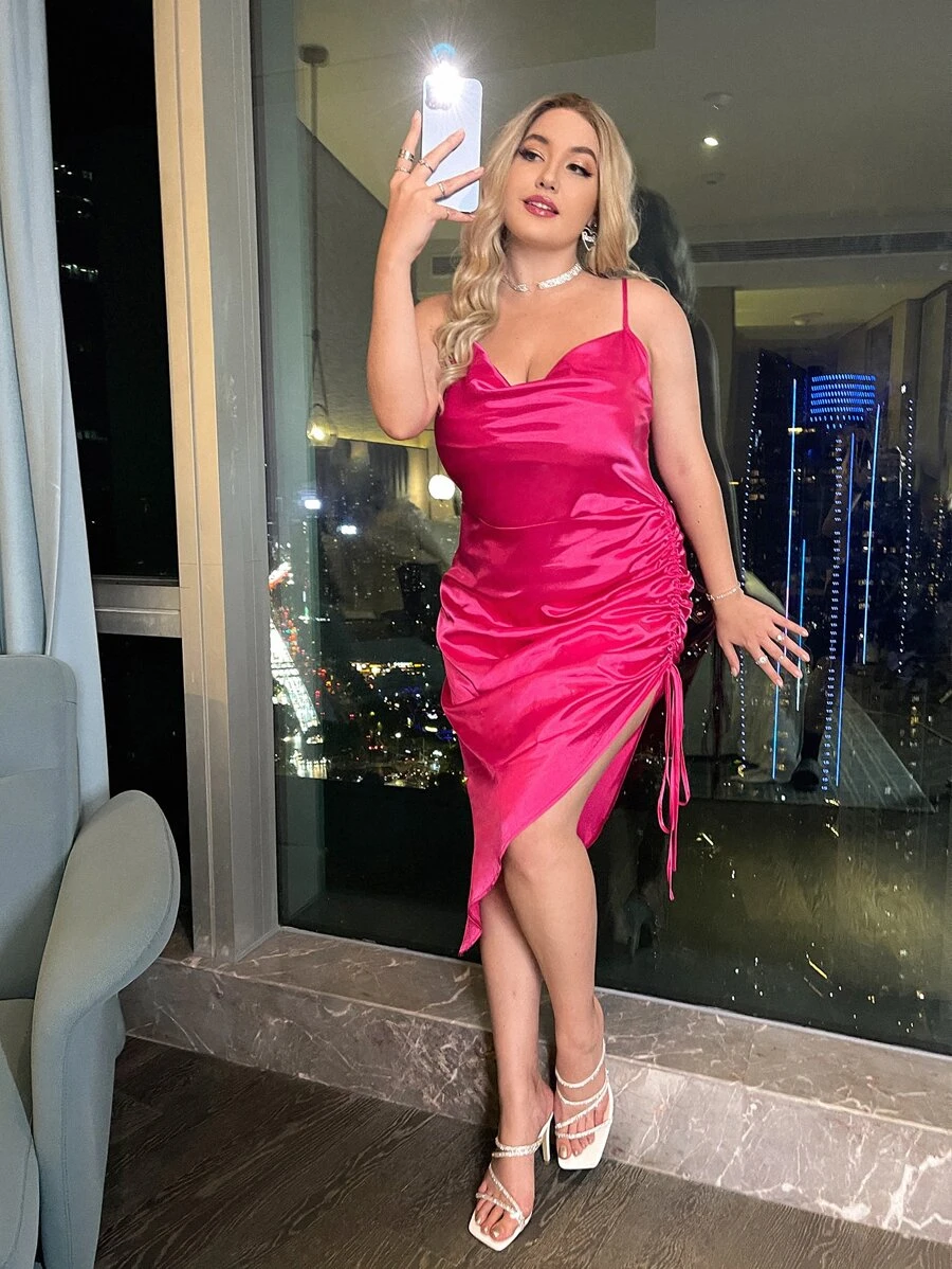 SHEIN Belle Plus Draped Detail Drawstring Asymmetrical Hem Satin Cami Dress - Hot Pink - View 1