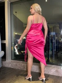 SHEIN Belle Plus Draped Detail Drawstring Asymmetrical Hem Satin Cami Dress - Hot Pink - View 3