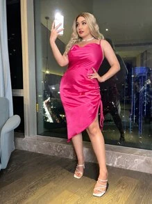 SHEIN Belle Plus Draped Detail Drawstring Asymmetrical Hem Satin Cami Dress - Hot Pink - View 4