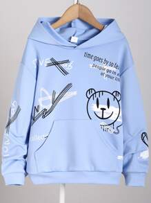 SHEIN 男孩標語和卡通圖案袋鼠口袋連帽衫
