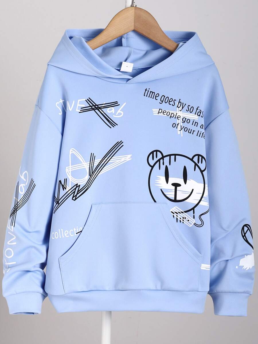SHEIN 男孩標語和卡通圖案袋鼠口袋連帽衫