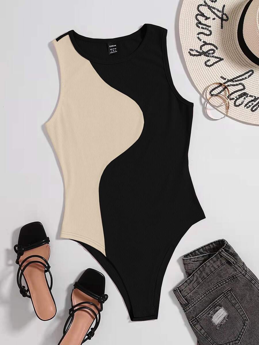 SHEIN LUNE Two Tone Ribbed Knit Bodysuit