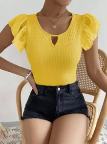 Chiquease Swiss Dot Butterfly Sleeve Keyhole Neck Tee - Yellow - View 1