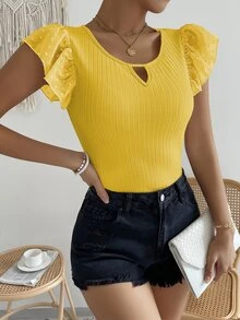Chiquease Swiss Dot Butterfly Sleeve Keyhole Neck Tee - Yellow - View 6