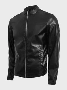 GENTILAND Men Skeleton Print Zipper PU Leather Jacket - Black - View 1