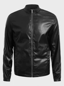 GENTILAND Men Skeleton Print Zipper PU Leather Jacket - Black - View 5