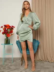 SHEIN Belle 交疊領燈籠袖圍裹式連衣裙 - 薄荷綠 - 查看 3