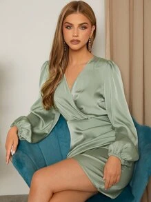 SHEIN Belle 交疊領燈籠袖圍裹式連衣裙 - 薄荷綠 - 查看 6