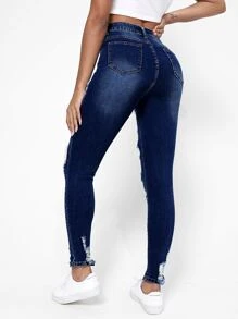 SHEIN Essnce Cut Out Ripped Raw Hem Skinny Jeans - Dark Wash - View 2