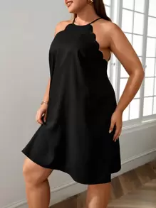 SHEIN Privé 大碼貝殼邊繞頸洋裝 - 黑色 - 查看 1