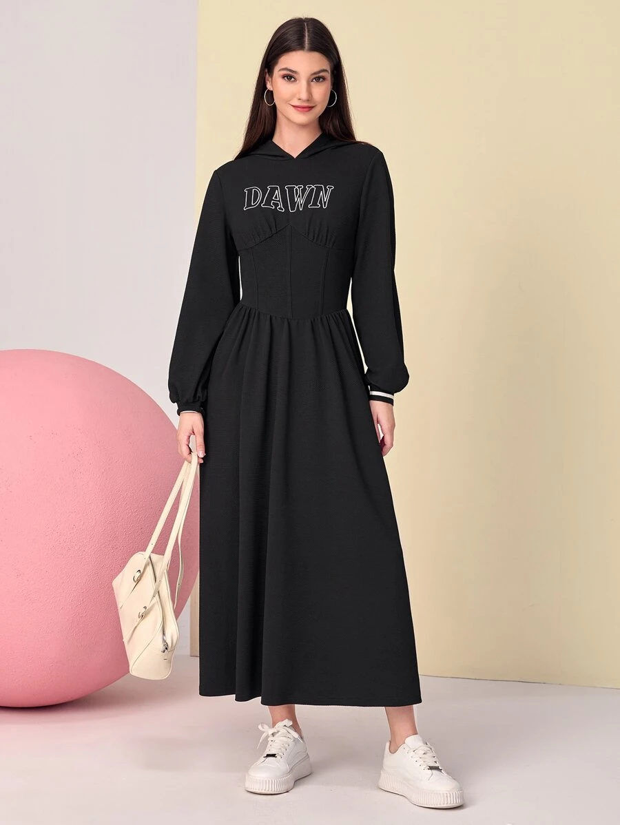 Mulvari Letter Graphic Striped Sweatshirt Dress - Black - View 1