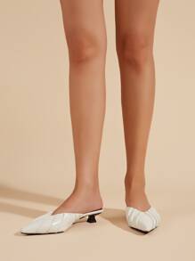 Ruched Detail Point Toe Flat Mules - White - View 3