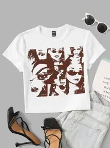 SHEIN ICON 90s Figure Graphic Crop Tee - Coffee Brown - View 1