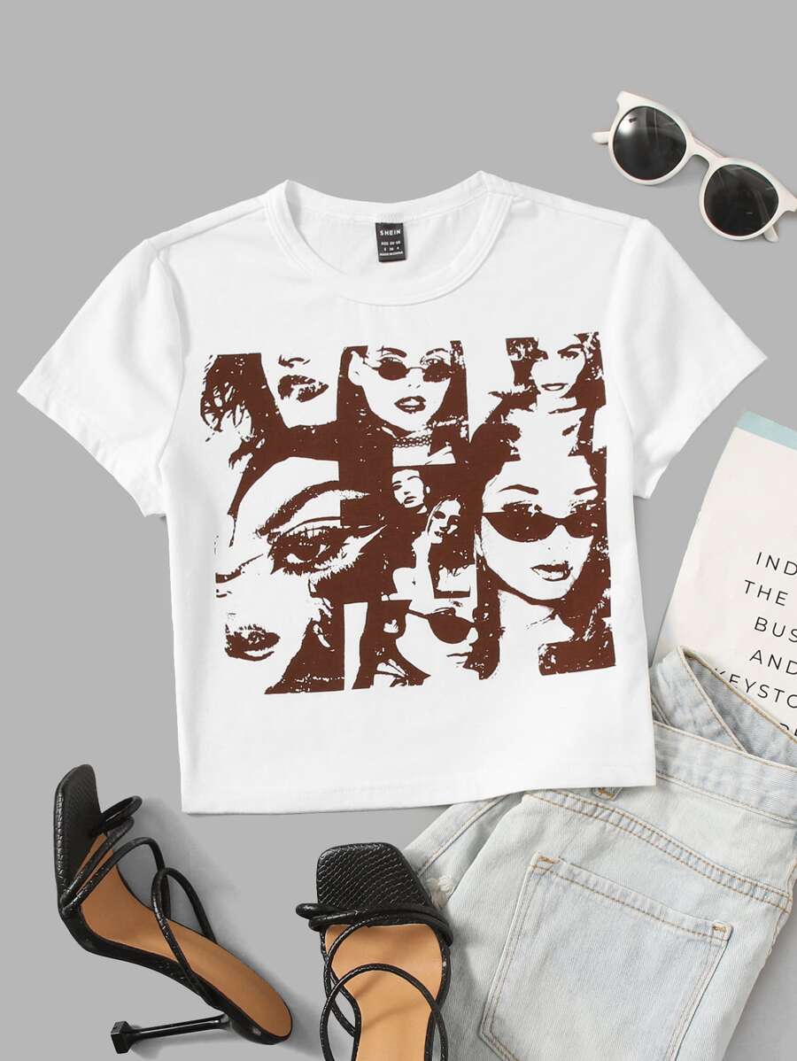 SHEIN ICON 90s Figure Graphic Crop Tee - Coffee Brown - View 1