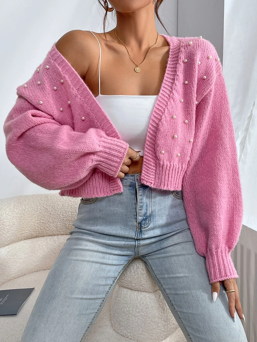 Calvaya Áo len cardigan đính đinh tán màu trơn tối giản đa năng, áo dài tay - Hồng - Xem 1