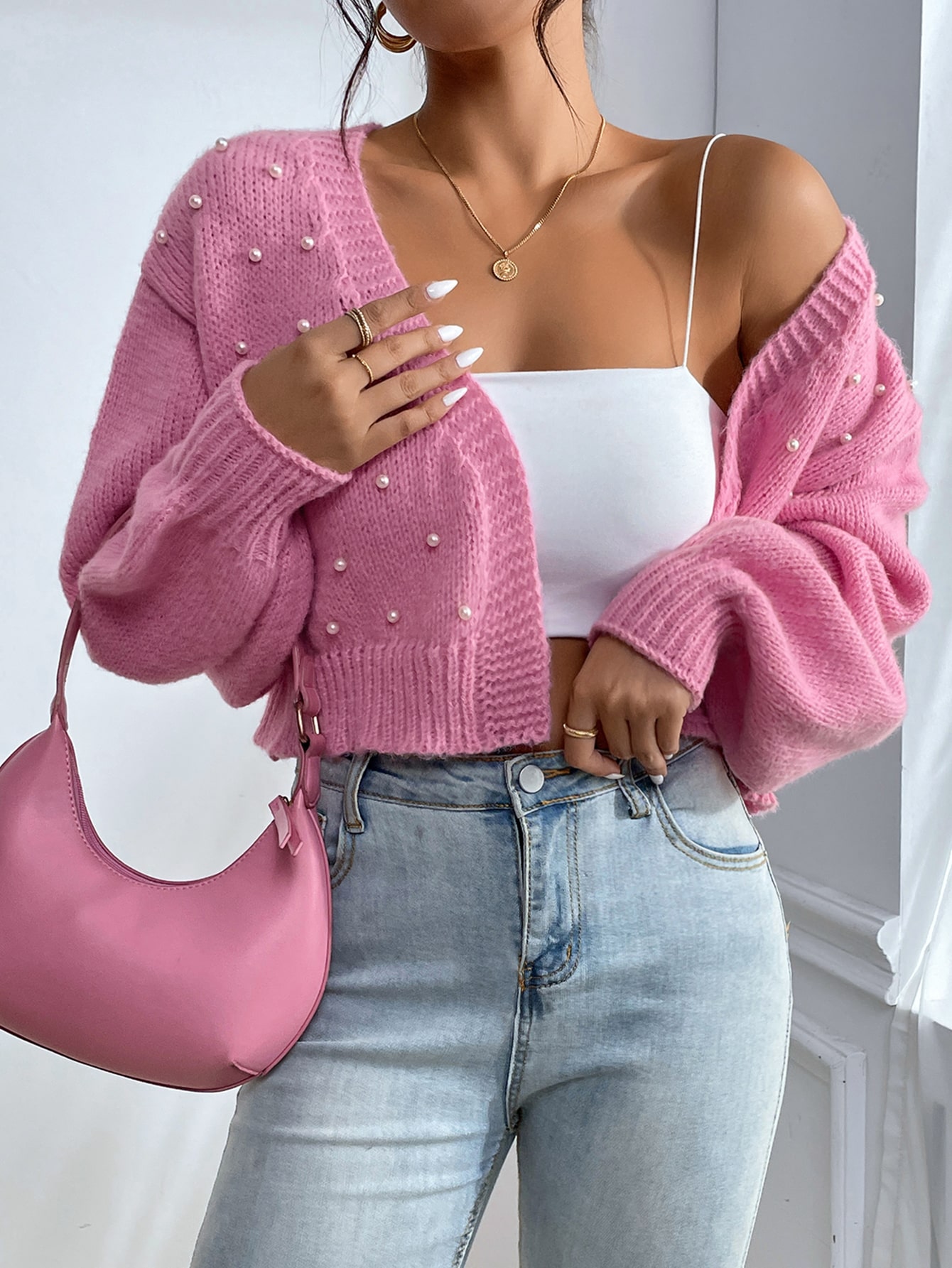 SHEIN Qutie Pearl Beaded Drop Shoulder Duster Cardigan SHEIN USA