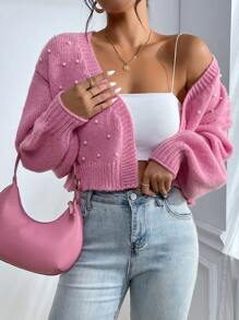 Calvaya Áo len cardigan đính đinh tán màu trơn tối giản đa năng, áo dài tay - Hồng - Xem 3