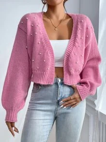 Calvaya Áo len cardigan đính đinh tán màu trơn tối giản đa năng, áo dài tay - Hồng - Xem 5