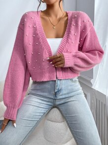 Calvaya Áo len cardigan đính đinh tán màu trơn tối giản đa năng, áo dài tay - Hồng - Xem 6