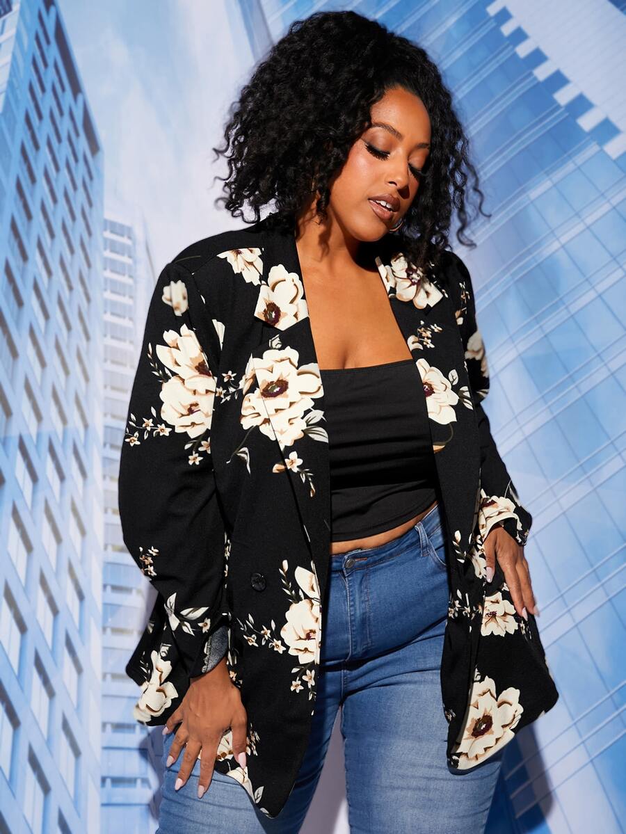 SHEIN CURVE+ Plus Floral Print Double Breasted Blazer - Multicolor - View 1
