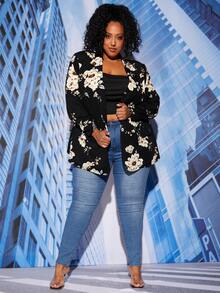 SHEIN CURVE+ Plus Floral Print Double Breasted Blazer - Multicolor - View 6