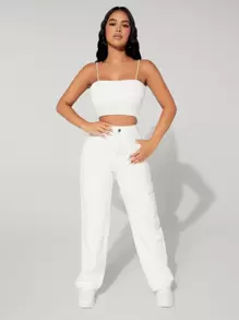 SHEIN PETITE Quần jean nữ Nút Túi Dây kéo màu trơn - trắng - Xem 3